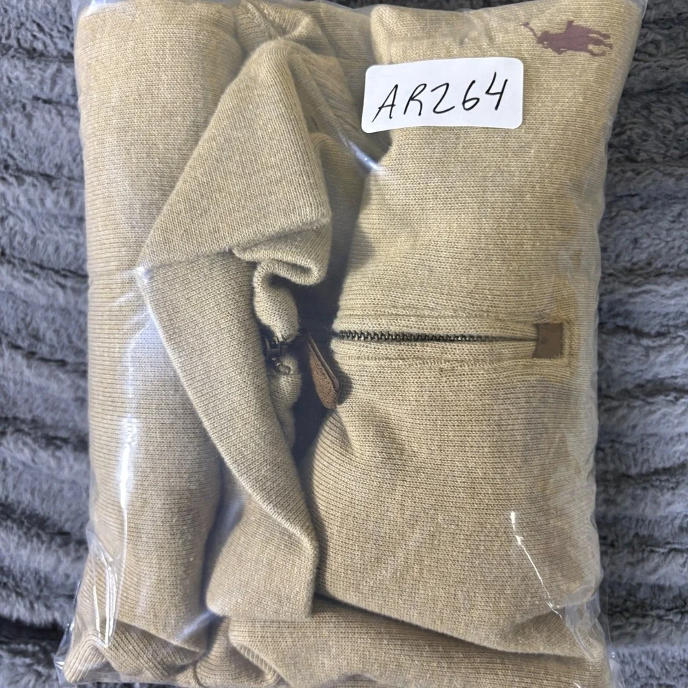 Polo Ralph Lauren Mens XL Tan Khaki 100% Cotton 1/4 Zip Pullover Sweater AR264